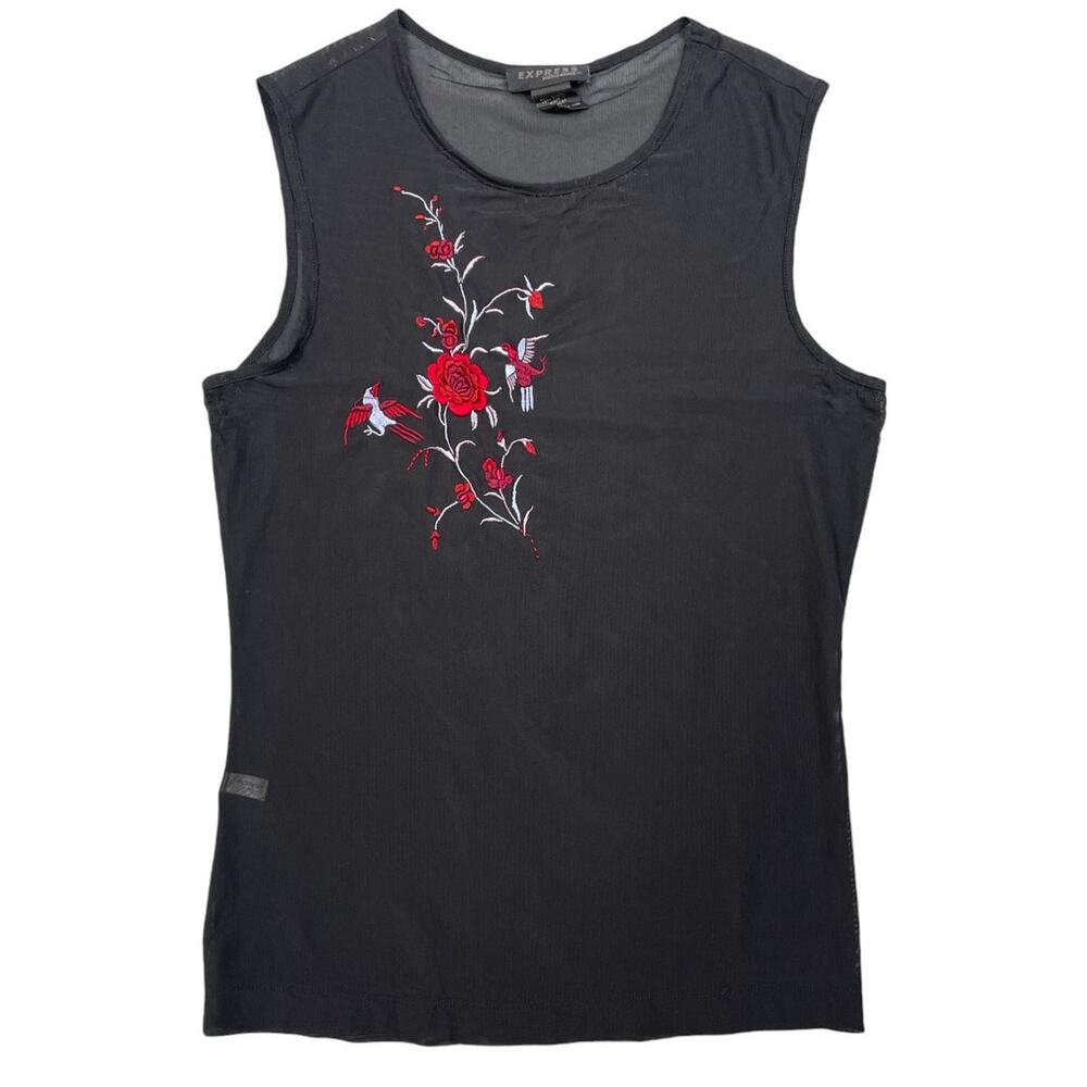 Vintage Express Womens Size L Black Sleeveless Sheer Bird Floral Embroidered Top